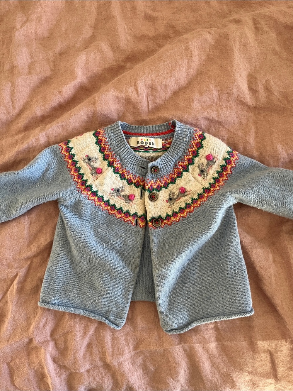 Boden toddler light blue Easter wool cardigan with cream multicolor yoke